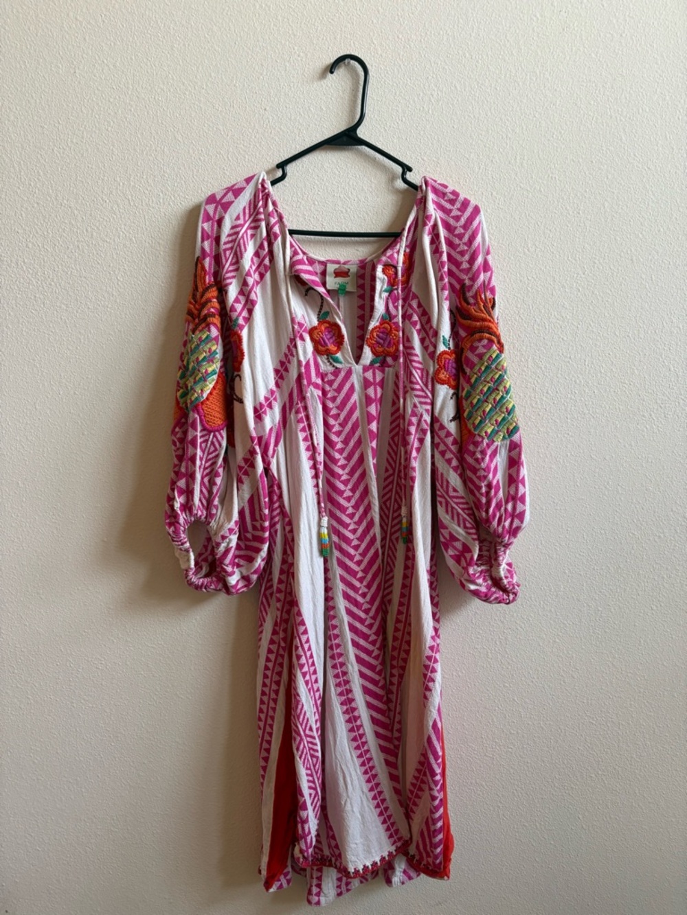 FARM Rio Pink & White Embroidered Balloon-Sleeve Maxi Dress
